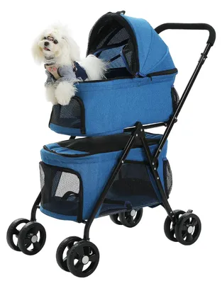 Image de Poussette pour chiens - Chariot - Animaux de compagnie - avec sac de rangement - Roues pivotantes à 360° - 4 roues - Pliable - avec panier de rangement