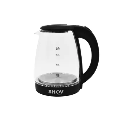 Produktbild von SHOV Glas Wasserkocher,1.8 Liter, 1500 Watt, 360° Basis, Sieger Preis-Leistung, Trockengehschutz, Schwarz