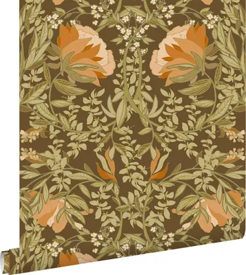 Zdjęcie produktu dla ESTAhome Tapeta vintage kwiaty w stylu secesyjnym zielonymIpomarańczowym 50 x 900 cm