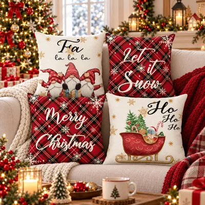 Image de Lot de 4 housses de coussin de Noël, 45 x 45 cm, couleurs variées, mélange de lin, pour décoration de canapé ou de chambre