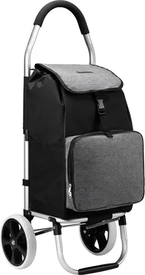 A shopping trolley with a black and gray fabric bag and a silver frame, shown against a white background.