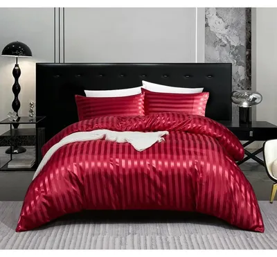 Obrázok produktu pre Sada posteľnej bielizne, 4-dielna: 2x 135x200 cm + 2x 80x80 cm, saténová, červená, s prúžkami, so zipsom