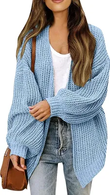 Produktbild von ASKSA Damen Cardigan Strickjacke Offene Front Strickpullover Elegant Laternenaermel Einfarbig Oversized Casual Strick Cardigan Strickmantel,Hellblau,S