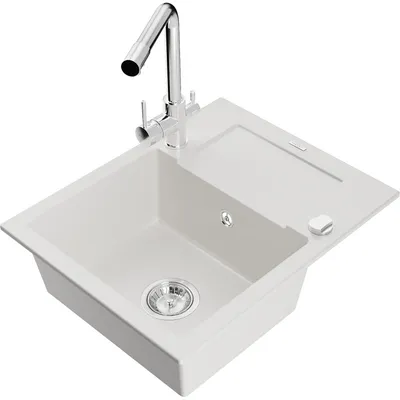 Obrázek produktu pro Mexen Enzo 1-miskový granitový dřez s odkapávačem a kuchyňskou baterií Duero, Bílá - 6506-20-671600-00