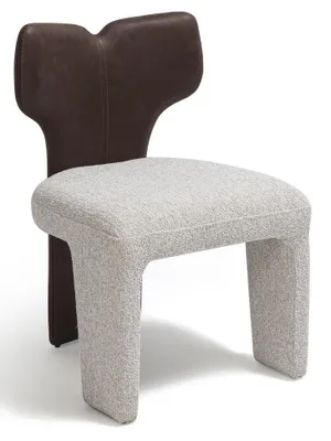 Productafbeelding van Stoel, design, bruin leer, beige stof, sculpturaal, comfortabel, expressief