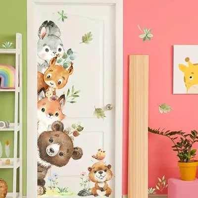 Produktbild von GKA Kinder Türaufkleber GK74 Waldtiere Bär Fuchs Eichhörnchen Biber Hase Wandsticker Kinderzimmer Wandtattoo Atfkleber Tür Wand Schrank Wandaufkleber