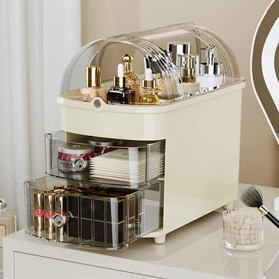 Productafbeelding van Unyqoos® Make-up organizer – elegante make-up opberger met grote capaciteit, 35 x 19 x 30 cm, meerlaags, met achtervak tot 21 cm, geschikt voor badkamer en slaapkamer