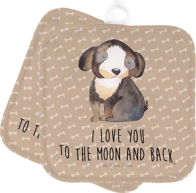Produktbild von Mr. & Mrs. Panda Topflappen Hund Entspannen - Hundeglück - Geschenk, Liebe, Ofenlappen, Set, Verliebt, Kochlappen, Topfuntersetzer, Niedlich, Sprüche, topfhalter