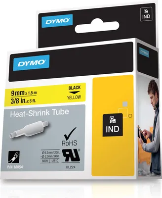 Zdjęcie produktu dla DYMO Przemysłowe rurki termokurczliwe do etykiet na kable Rhino | 9 mm x 1,5 m | Czarny nadruk na żółtej taśmie | Do drukarek etykiet Rhino, Czarny na żółtym, Wielobarwny, -55 - 135 °C, UL 224, MIL-STD-202G, MIL-81531, SAE-DTL 23053/5 (1, 3), DYMO, Rhino