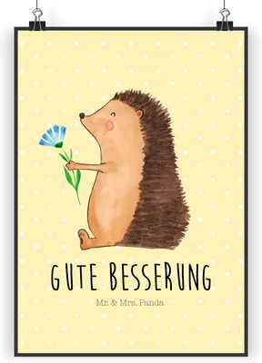 Produktbild von Mr. & Mrs. Panda Bild Igel Blumen DIN A5 - Gelb Pastell - Geschenk, Wandbild, drucke, Krankenhaus, Kunstdruck, krank, Plakat, Krankheit, Besuch, wanddeko, Gute Besserung