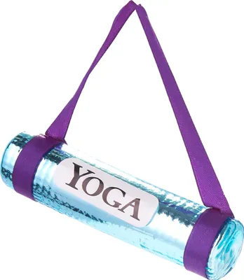 A rolled-up yoga mat with a carrying strap, presented against a white background.