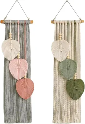 Produktbild von Makramee Wanddekoration Set, 2-teilig, mit Holzperlen und grünen Blättern, für die Wand