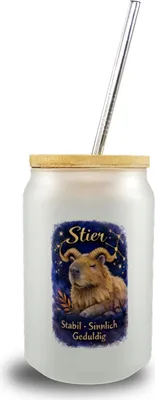 Produktbild von Sternzeichen Stier Trinkglas mit Bambusdeckel Capybara