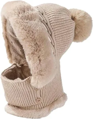 Produktbild von Beanies für Damen, Plüsch-Strick-Sturmhaube, winddicht, warmer Schal mit Bommel（Beige）