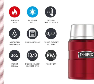 Imagen del producto de THERMOS STAINLESS KING, recipiente hermético para alimentos, 0,71 l, color rojo cereza, acabado pulido | Modelo: HAN 4001248071 | EAN: 5010576927712