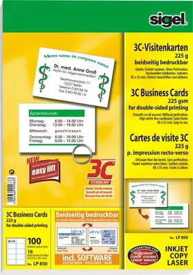Produktbild von Visitenkarten Inkjet/Laser/Kopier 3C 225g/qm beidseitig VE=10x100 Stück