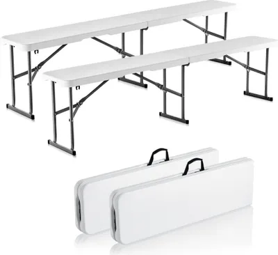 Zdjęcie produktu dla Składana ławka zestaw 2 - Składana ławka piwna 182 cm biała - Idealna na kemping i do ogrodu - Solidne i zajmujące mało miejsca siedzenia