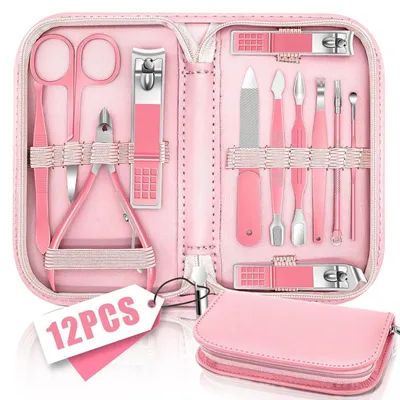 Produktbild von Maniküre Set 12 in 1 mit Lederetui, Rosa, Edelstahl