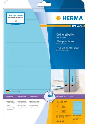 Immagine prodotto di Etichette per raccoglitori HERMA A4, opache, blu, 192 x 61 mm, 80 pezzi
