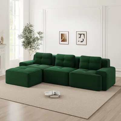 Image de Canapé Cloud en velours côtelé, en L, canapé modulable sans structure, avec pouf, 293 x 177 x 69 cm, vert