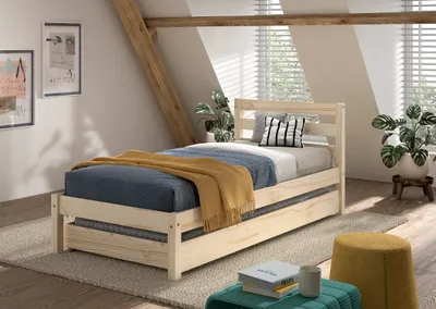 Produktbild von VIPACK - Einzelbett Pino 90x200 cm, mit Lattenrost, inkl. Bettschublade, natur lackiert