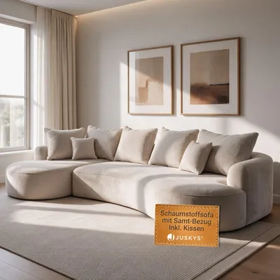 Produktbild von Juskys Sofa Tirano - modernes Samt Ecksofa, Beige Couch mit Ottomane links