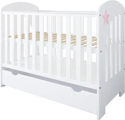 Obrázek produktu pro ZEE STAR Dětská Postýlka 2v1 120x60 cm Bílá Růžová Hvězda Se Šuplíkem Přestavitelná Na Junior Postel Dřevěná Postýlka Pro Miminko