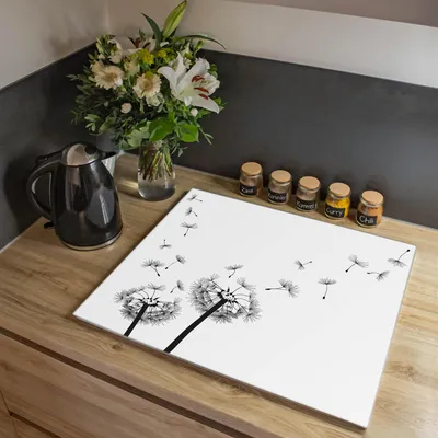 Produktbild von banjado Herdabdeckplatte einteilig 60x52cm groß mit Gummi Abstandshalter, ESG Sicherheitsglas mit Motiv Pusteblume 2 [HAP1 10361]