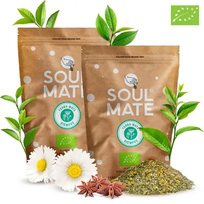 Produktbild von Soul Mate - Mate Tee Organica Siempre 1kg - mit Anis, Fenchel, Kamille - Rauchfrei, Mild - Luftgetrocknet - Yerba Mate Brasilien 2x500g