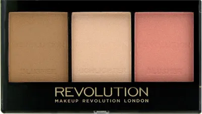 A makeup palette with three shades: bronzer, highlighter, and blush.