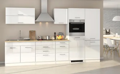 Produktbild von Küchenblock Mailand 350 cm weiß hochglanz mit Kühl.- Gefrierkombination Glaskeramik Kochfeld Backofen Dunsthaube und Spüle