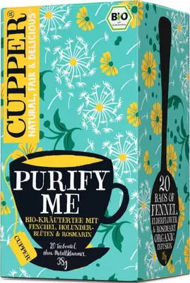 Produktbild von Cupper Tee Purify Me, Früchtetee, Fenchel(39%), Holunderblüte (18%), Brennnessel, Rosmarin (10%),Süßholzwurzel, Weißer Hibiskus,..., Holzkiste, EU organic