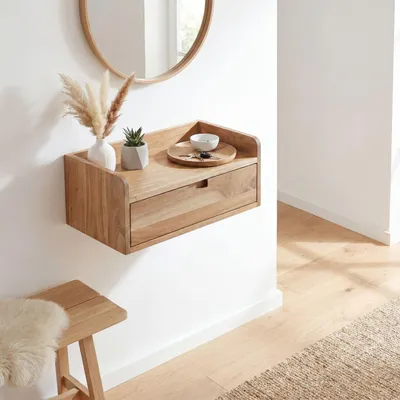 Produktbild von FineBuy Wandregal Akazie Massivholz 45x30cm Braun Rechteckig Design Schweberegal Hängeregal Holz Wandboard Schublade Handmade