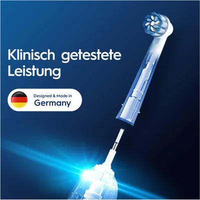 Close-up of an electric toothbrush head and its connection mechanism, with German flag and text overlay.