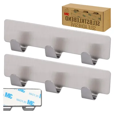 Produktbild von 2 x Hakenleiste für die Küche mit 3 selbstklebenden Edelstahlhaken, Handtuchhaken ohne Bohren, Klebehaken für das Badezimmer, Kleiderhaken zum Kleben, Badhaken, Badezimmerhaken, Wandhaken, Bad Aufhängehaken