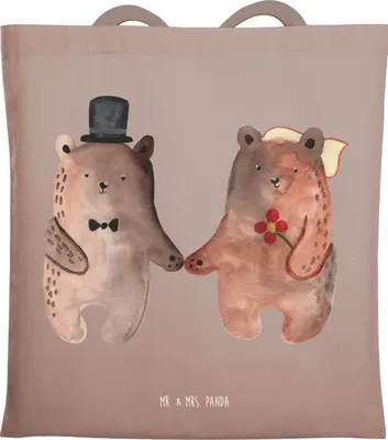 Produktbild von Mr. & Mrs. Panda Tote Bag Bär Heirat - Braun Pastell - Geschenk, Laptoptasche, Teddy, Jutebeutel, Jutetasche, Tragetasche, Schultasche, Tasche