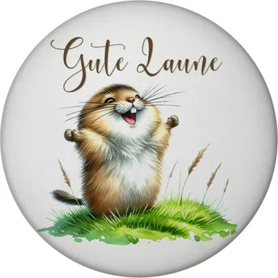 Produktbild von jubelnder Lemming Magnet mit Flaschenöffner rund mit Spruch Gute Laune