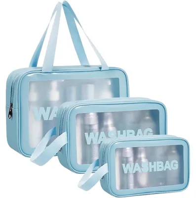 Produktbild von Kulturbeutel Set 3 Stück Transparent Blau Wasserdicht Kosmetiktasche Organizer mit Reißverschluss