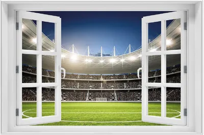 Produktbild von Wallario Wandbild mit Fenster-Illusion: Fußballstadion Mittellinie, Größe: 61 x 91,5 cm, Poster mit weißem Aluminiumrahmen