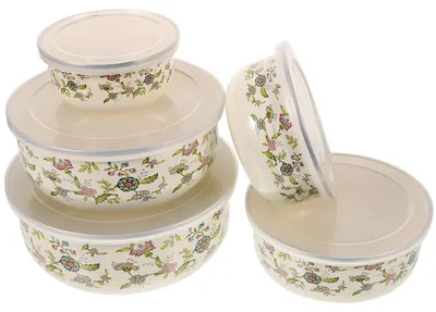 Produktbild von Emaillierte Schüsseln mit Deckel, 5er-Set, Vorratsbehälter, Rührschüsseln, Suppenschüsseln, Obstschalen, stapelbar, 10 cm