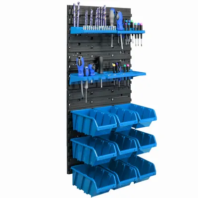 Produktbild von 9 Stapelboxen Wandregal Kunststoff 39 x 78 cm Werkzeughalter Werkstatt Garage  Lagersystem Sichtlagerkästen Schütte