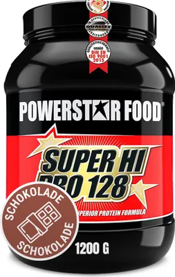 Produktbild von Powerstar SUPER HI PRO 128 | Mehrkomponenten Protein-Pulver 1,2kg | Höchste Biologische Wertigkeit | Protein-Shake zum Muskelaufbau | Chocolate