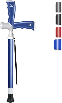 Productafbeelding van Wandelstok, telescopisch, licht, 0,33 kg, in hoogte verstelbaar, aluminium, inklapbaar, wandelstok, met ergonomische handgreep, twee greepmodi, handstok, voor dames en heren, blauw