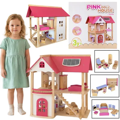 Produktbild von Holzpuppenhaus, großes zweistöckiges Puppenhaus aus Holz, Kinderspielzeug ab 3 Jahren