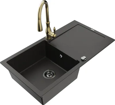 Produktbild von Mexen Leo 1 Becken-Granitspüle mit Abtropffläche und Mischbatterie Savita, Schwarz/Gold metallisch - 6501-75-672601-50-B