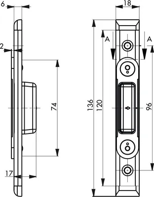 Image de Gâche auxiliaire à verrouillage auto réversible pour porte bois, 136x18x6mm, Secury auto, E-13605-00-L-1 - FERCO by THIRARD