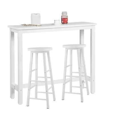 A white bar table with two white bar stools, set against a white background. There are a few small items on the table.