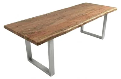 Produktbild von Baumkantentisch Cali 300 x 100 cm, Akazienholz massiv naturfarben, 50 mm Tischplatte, Esstisch mit U-Metallgestell Silber, Industrial-Design
