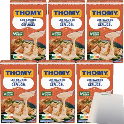 A product shot of multiple Thomy Les Sauces Geflügel Sahnesauce cartons arranged in two rows.