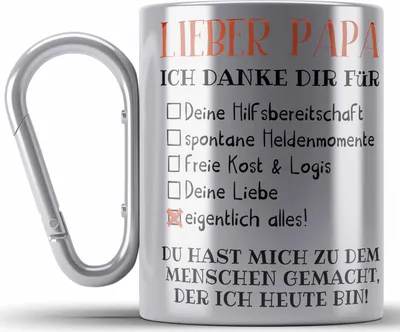 Produktbild von Trendation - Bester Papa Geschenk Vatertag Edelstahl Tasse Karabiner mit Spruch Vater Geschenk von Tochter Sohn (Silber)